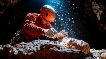 Cave climber meticulously cleans rock face.  Inside dark cave, focused climber in orange shirt, safety gear,  dusting rock