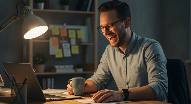 Happy businessman working late at night on his laptop computer in a dimly lit office laughing joyfully enjoying his work success