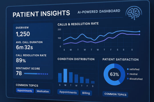 Patient insights dashboard shows healthcare call center tech data with patient consultation stats and satisfaction for improved service quality