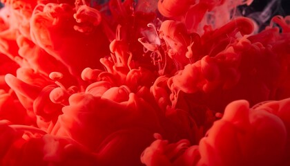 Obraz premium Macro photography captures bright red dye dispersing in water, forming abstract cloud-like shapes.