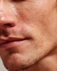 Fototapeta premium close-up male cheek, red irritated skin vs calm smooth surface, skin soothing effect