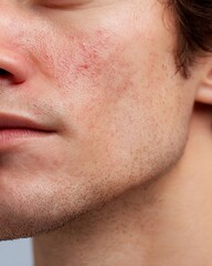 Fototapeta premium close-up male cheek, red irritated skin vs calm smooth surface, skin soothing effect