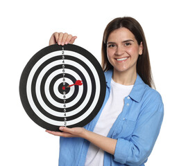 Targeting. Smiling woman with dart board and arrow on white background