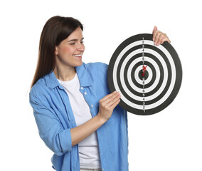 Targeting. Smiling woman with dart board and arrow on white background