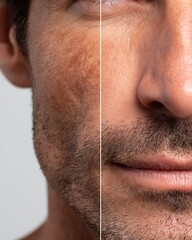 extreme close-up of male cheek, before and after skincare, visible large pores vs refined skin