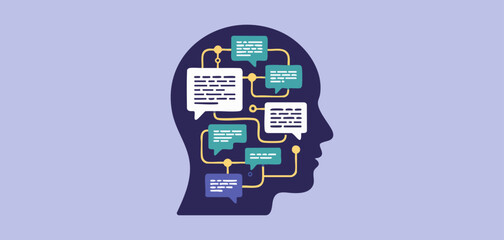 human head silhouette with interconnected speech bubbles, vector illustration for natural language processing, text analysis and ai communication understanding
