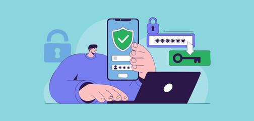 user securing account on smartphone and laptop, vector illustration for multi-factor authentication, identity verification and cybersecurity data protection