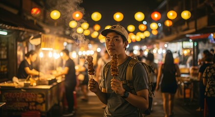 Obraz premium Tourist eating street food skewers at a night market