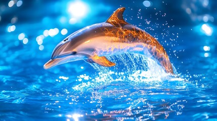Fiery dolphin leaping ocean; aquatic show backdrop