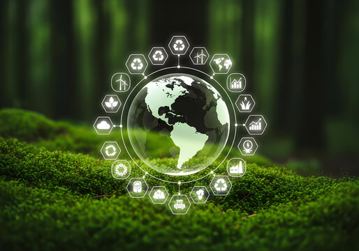 A glowing globe surrounded by icons symbolizing sustainability and eco-friendly practices, set against a lush forest backdrop.