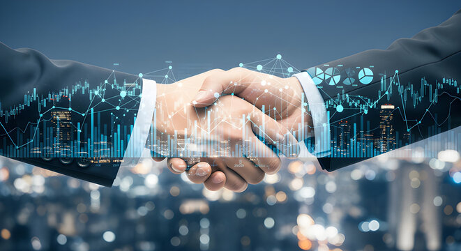 A close-up of a handshake between two business professionals, overlaid with digital graphs and data, symbolizing partnership and growth. - Powered by Adobe