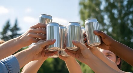 Friends Raising Aluminum Cans in a Summer Toast A Celebration of Friendship