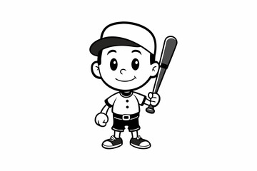 Black and White Line Art Cartoon Boy Baseball Player