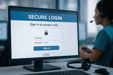 Healthcare call center tech is ready for patient consultation with secure login on computer screen ensuring privacy and safety