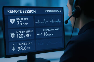Healthcare professional uses tech to call and provide patient consultation through remote center monitoring vital signs in real time