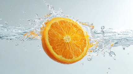 Sliced orange fruit suspended in the air, surrounded by vibrant water splashes, on a plain white background with ample copy space. 