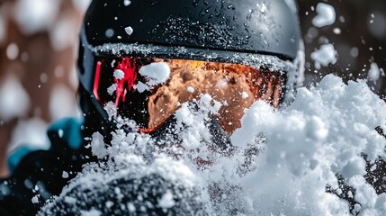 Close-up of a skier engulfed in fresh powder snow.  Ski goggles, helmet and jacket visible