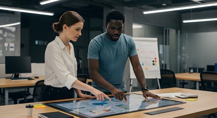 Diverse colleagues collaborate using a large interactive touchscreen display in a modern office workspace promoting teamwork and innovation.