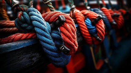 Close-up of intricately knotted ropes, vibrant colors of red and blue, secured with metal clips, on a wooden nautical structure