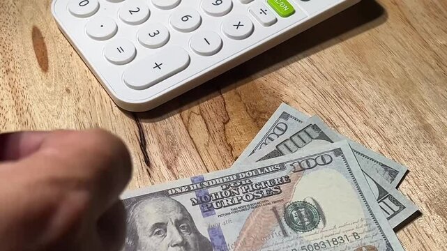 A practical moment captured: a man counts money by hand, laying it on the table to keep track of income, expenses, and personal financial planning.
