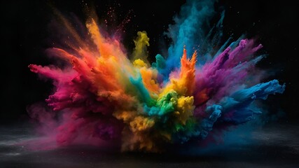 Rainbow powder explosion in air, black background.