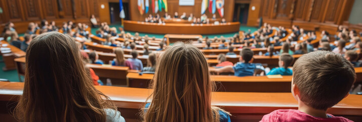 A back view of children seated in a large, parliament-style hall, looking towards a stage with international flags, representing youth participation in global forums