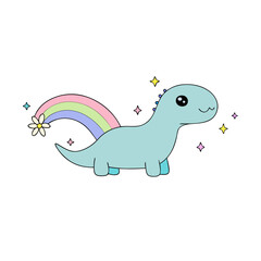 Naklejka premium Kawaii Dinosaur with Sparkly Eyes and Rainbow