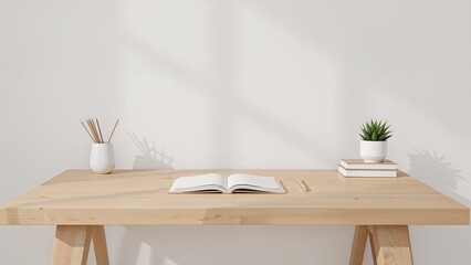 Serene Scandinavian-Inspired Desk Setup with Notebook, Books, and Plant