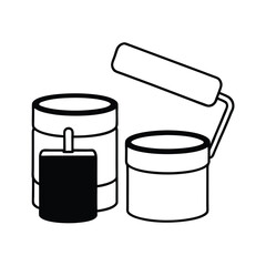 Stack of paint cans beside roller brush clean line scene Vector illustration