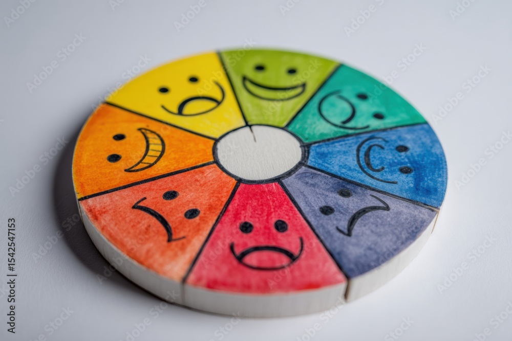 Poster emotional wheel displaying feelings organized by intensity with vibrant colors and expressive faces 
