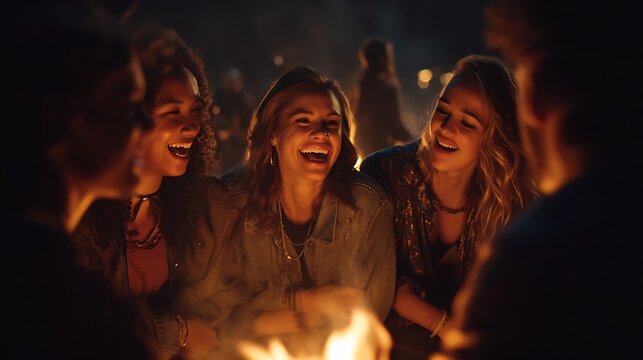 Happy friends gather around a campfire at night sharing laughter and warmth under the stars