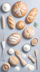Kitchen Table with Baking Ingredients and Tools Ready for Bread Preparation