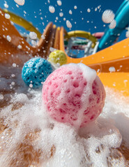 Colorful sponge balls in summer water park racing down the water slide– dynamic splash scene with playful energy and motion for kids activity concept