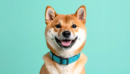 Charming Shiba Inu Dog Looking at Camera with Playful Expression on Green