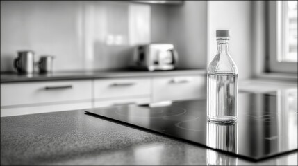 Clean kitchen countertop with electric cooker and detergent bottle, showcasing modern simplicity and efficiency