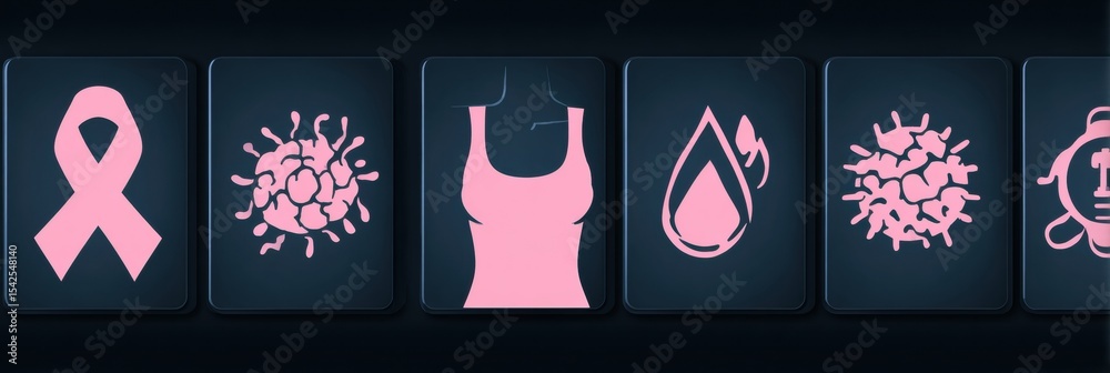 Aufkleber early symptoms of breast cancer displayed in a five-icon layout emphasizing awareness and education 