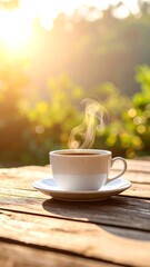 Aromatic coffee steams in a white cup on a wooden surface, basking in warm sunlight outdoors.