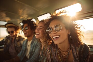 Happy friends on a sunny road trip adventure in a vintage van, enjoying summer freedom and travel.