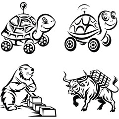 Whimsical Animal Illustrations Turtle Robots, Groundhog Builder, and Cargo Bull