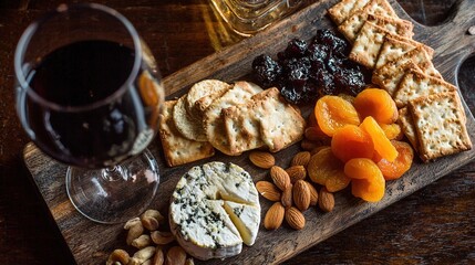 Cheese and Wine Pairing Board with Crackers, Dried Apricots, Cherries, Almonds, and Blue Cheese on Rustic Wood