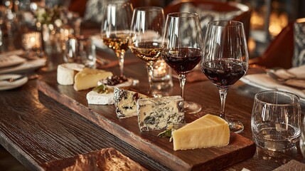 Gourmet Cheese and Wine Tasting Display in Elegant Restaurant Setting with Rustic Wood and Candlelight Ambience