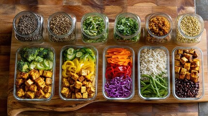 Colorful Vegan Meal Prep with Grains, Vegetables, and Tofu Organized in Glass Containers on Wooden Board