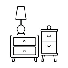 Nightstand with alarm clock and small lamp clean line scene Vector illustration