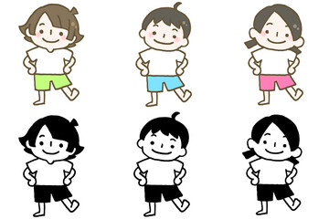 手を腰に当てて左足を前に出す子ども