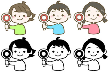 丸の札を上げる子ども