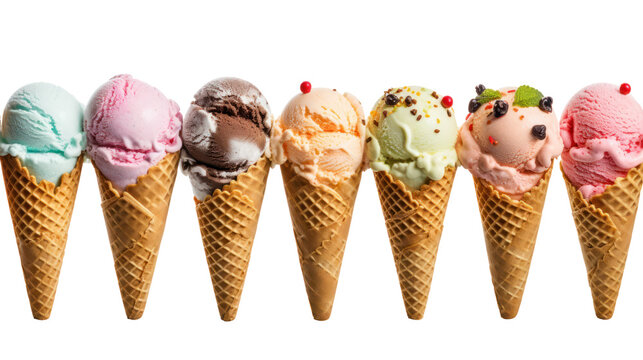 Collage of assorted ice cream on transparent background