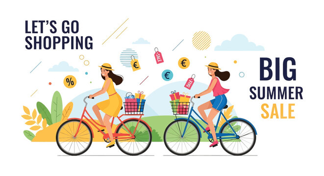 Adobe illustrator artwork vector illustration of two women happily cycling on a sunny day for a big summer shopping sale