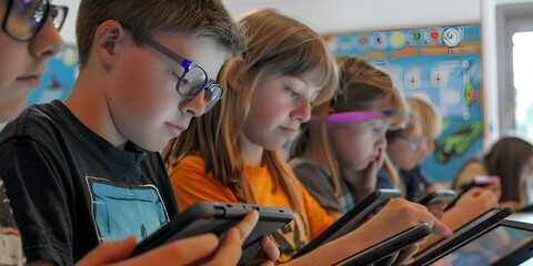 Classroom of students using tablets for educational purposes, Kids learning with digital devices in school setting, Children focused on tablets in modern classroom environment