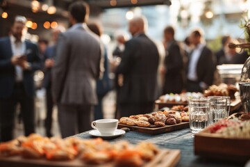 Business people networking at a corporate event during coffee break, enjoying snacks and beverages