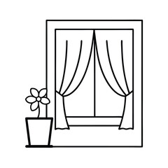 Window with curtains and flower pot clean line scene Vector illustration